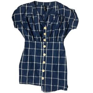 Zara Navy White Grid Plaid Button-Down Uneven Hem Shirt Dress Size S